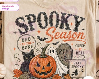 Spooky Season PNG, Vintage Halloween PNG, Ghost Pumpkin Black Cat Design, Retro Halloween Shirt PNG, Witchy Fall Sublimation