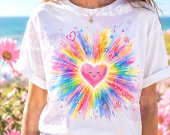Rainbow Heart Png, Back to School Shirt Design, Smiley Face Kids Sublimation, Colorful Brushstrokes Starburst Rays Clipart, Digital Download