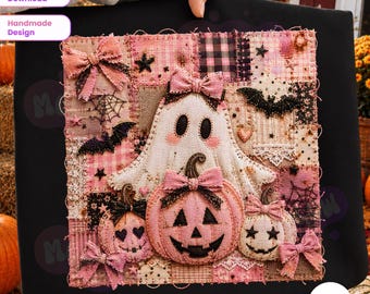 Pink Halloween Ghost PNG, Faux Yarn Texture Halloween, Patchwork Pumpkin Spooky Season Halloween Sublimation, Rustic Fall Shirt Design
