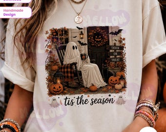Tis The Season Halloween Ghost PNG Sublimation Design, Trendy Ghost Reading Png, Retro Bookish Fall png, Trending Halloween Shirt Design
