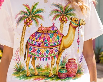 Morocco Colorful Boho Camel PNG, Moroccan Palm Tree Art, Desert Oasis Illustration (Digital Download)