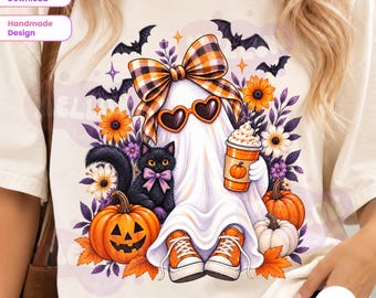 Halloween Ghost PNG, Checkered Bow Spooky Season PNG, Wildflower Black Cat png, Striped Fall Pumpkin PNG, Pumpkin Iced Latte Sublimation