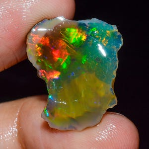 May include: A raw, polished opal gemstone featuring a vibrant play-of-color with intense flashes of neon green, fiery red, and bright yellow against a translucent, milky base. The stone has an irregular, organic shape with smooth, rounded edges.
