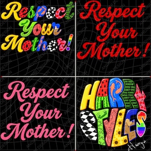 Può includere: Un design grafico a quattro pannelli che presenta il testo Respect Your Mother in vari motivi colorati, inclusi pois, scacchi e sfumature arcobaleno. Il pannello in basso a destra mostra il testo Harry Styles con motivi simili.