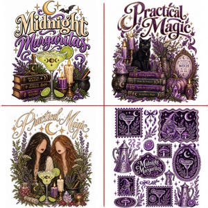May include: A collection of four graphic designs featuring purple and gold themes. Images include a margarita glass, a black cat, two figures, and various stamps with motifs of cocktails, mushrooms, teapots, and text like Midnight Margaritas and Practical Magic.