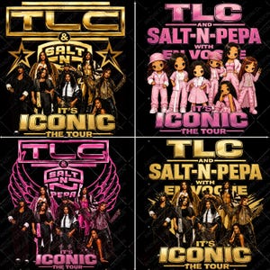 Może przedstawiać: Czteropanelowy projekt graficzny z tekstem TLC and SALT-N-PEPA WITH EN VOGUE IT'S ICONIC THE TOUR. Panele przedstawiają różne stylizowane ilustracje grup muzycznych w złotej i różowej kolorystyce na czarnym tle.