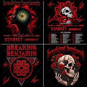May include: A four-panel graphic poster featuring Breaking Benjamin tour artwork. Panels display a profile silhouette with a flower, a skull with a red snake, the band logo with a geometric knot, and a skull held by hands surrounded by red roses.