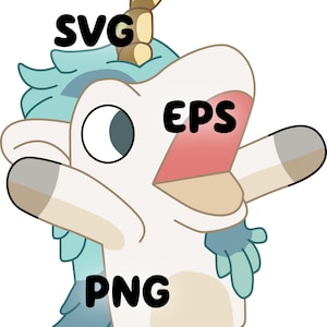 May include: A white unicorn puppet with a light blue mane and tail, open mouth, and a brown horn. The puppet has a large, round eye and is holding its arms out.