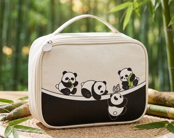 Neceser de lona con diseño de pandas: Lindos pandas de dibujos animados, asa para colgar, doble cremallera, organizador grande. Ambiente encantador de bosque de bambú, regalo único.