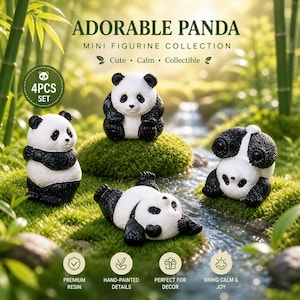 May include: A set of four panda bear figurines in various poses. The black and white pandas are on a bed of green moss with a stream in the background. The text "ADORABLE PANDA MINI FIGURINE COLLECTION" is at the top.