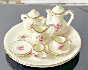 Vintage Albert E Price miniature Dollhouse Tea Set rose pattern with gold trim