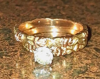 14k Rose Gold Jabel Diamond Wedding Set, Detailed Roses, Shiny Diamond