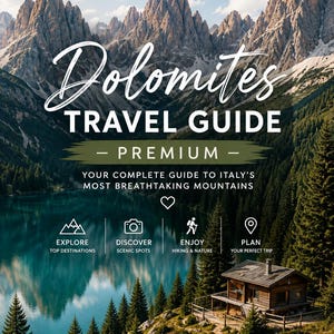 May include: A travel guide cover titled Dolomites Travel Guide - Premium, featuring a wooden cabin overlooking a turquoise lake and jagged mountain peaks. Text includes: Your complete guide to Italy's most breathtaking mountains, Explore, Discover, Enjoy, Plan.