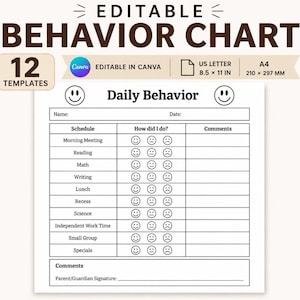 May include: An editable behavior chart template featuring the text Daily Behavior, a table with columns for Schedule, How did I do, and Comments, and rows for activities like Morning Meeting, Reading, and Math, with smiley face icons.