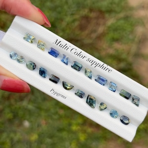 May include: A collection of multi-color sapphires in various shapes and sizes, displayed on a white surface. The gemstones range in color from blue and green to yellow and are labeled "Multi Color sapphire" and "Pypgems".