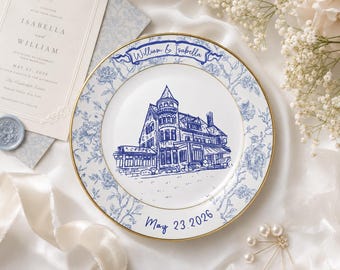 Plato personalizado para lugar de boda, ilustración personalizada de la casa, recuerdo de cerámica con diseño floral azul