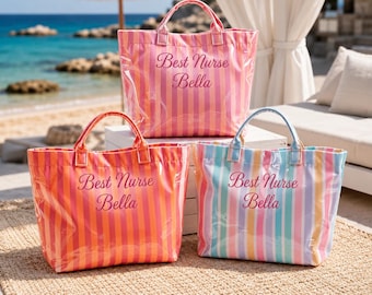 Bolso de mano personalizado para enfermeras, bolso de playa con nombre personalizado, el mejor regalo para enfermeras, bolso de verano a rayas coloridas, regalo para la Semana de la Enfermería