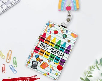 Personalisierte Lehrer Ausweishülle, Kreide Schlüsselband, benutzerdefinierte Namenskartenhülle, Klassenzimmer Geschenk, Schulanfang Erzieher Accessoire bunte Kunst