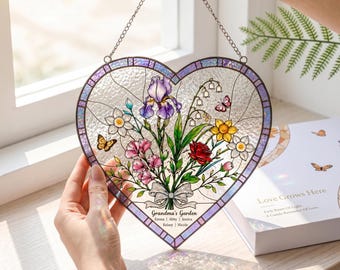 Personalized Grandma Garden Suncatcher, Custom Birth Flower Heart Ornament, Grandkids Name Gift, Stained Glass Window Decor