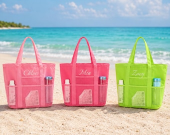 Personalized Beach Tote Bag, Custom Name Pool Bag, Monogram Mesh Tote, Summer Vacation Bag, Bridesmaid Gift, Travel Beach Bag for Women Set