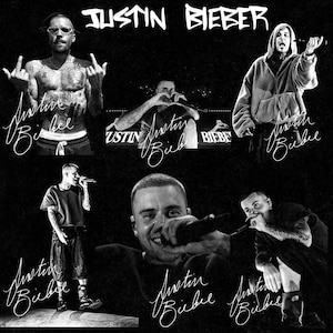 May include: Black and white collage featuring multiple images of Justin Bieber. The images show him in various poses, some shirtless, some with a microphone, and all with the name "Justin Bieber" in a cursive font. The background is solid black.