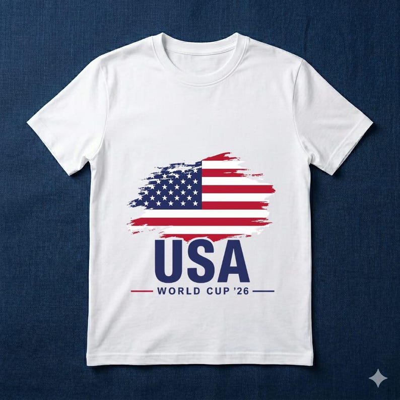 May include: White t-shirt featuring a distressed American flag design in red, white, and blue. Below the flag, the word "USA" is printed in navy blue, with "WORLD CUP '26" underneath.