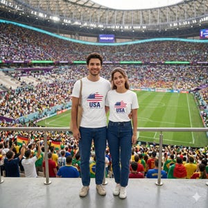 May include: A couple wearing matching white t-shirts with a USA flag design and the text "USA WORLD CUP 2022". They are standing in front of a stadium filled with spectators, wearing blue jeans and sneakers.