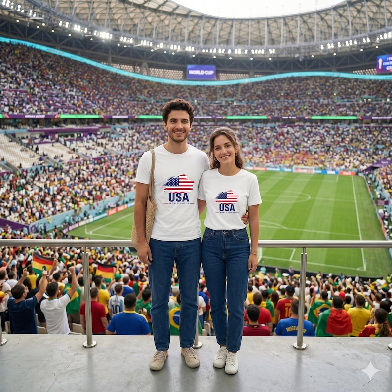 May include: A couple wearing matching white t-shirts with a USA flag design and the text "USA WORLD CUP 2022". They are standing in front of a stadium filled with spectators, wearing blue jeans and sneakers.