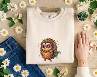 Superhero Hedgehog Digital Clip Art, Autumn Leaves Forest Animal PNG, Cute Warrior Porcupine Nursery Wall Decor, Kids T-shirt Design Graphic