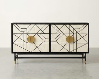 Handcrafted Bone Inlay Sideboard Buffet | 4 Doors Black and white Storage Furniture