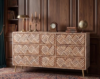 Teak Inlay Nine Drawers Dresser | Handcrafted Storage Unit with Optical pattern | Personalize furniture