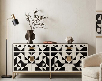 Bone Inlay Sideboard– Two Drawer Four Door Geometric Pattern,  Handmade Storage Cabinet