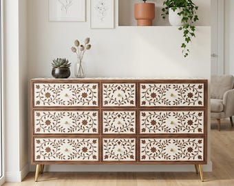 Teak Inlay Nine Drawers Dresser | Handcrafted Storage Unit with Optical pattern | Personalize furniture