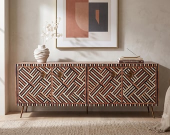 Media Console made from Bone and Teak Inlay: Handcrafted TV Storage, 4 Doors Cabinet