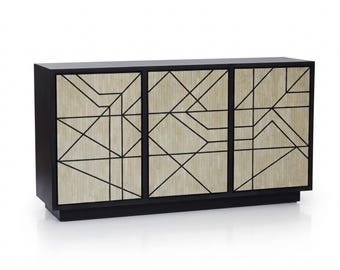 Bone Inlay Sideboard– Three Door Geometric Pattern, Handmade Storage Cabinet