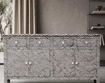 Aparador artesanal com incrustações de osso | Buffet artesanal de alta qualidade | Móvel de armazenamento com 4 gavetas e 4 portas em padrão ziguezague