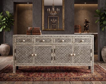 Handmade Bone Inlay Side Board | Handcrafted patronizable Buffet | Rice Pattern 4Drawers 4Doors Storage Unit