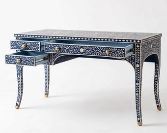 Handmade Bone Inlay Desk with three drawers in Scroll Vine Patter, Blue Color
