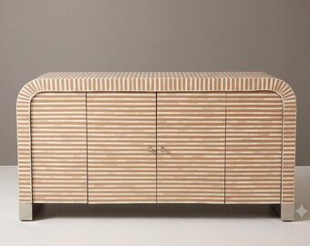 Buffet, zijplank met been ingelegd, handgemaakte kast met 2 deuren, opbergeenheid met strokenpatroon