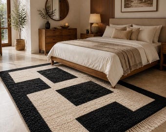 Black White Geometric Rug, Modern Cotton Area Rug, Handwoven Boho Rug, Balcony & Living Room