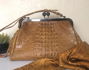 Handcrafted Crocodile Embossed Leather Satchel, Vintage Doctor Bag, Mustard Tan Kiss Lock Frame