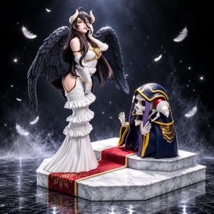 May include: A collectible figure set featuring a long-haired character with large black wings wearing a white ruffled dress, standing beside a smaller skeletal figure in a dark blue and gold robe, both positioned on a marble-style platform.