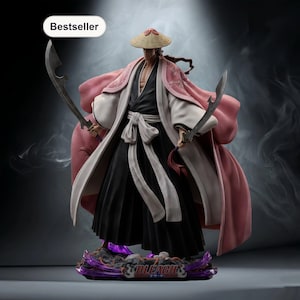 May include: A detailed figurine of a character from the anime series Bleach. The figure is wearing a straw hat, a pink and white robe, and a black outfit. The character is holding two curved swords. The base is purple and features the Bleach logo.