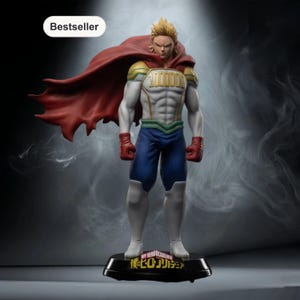 Op de afbeelding: Gedetailleerd beeldje van een gespierd personage met blond haar, gekleed in een wit en goud uniform, blauwe shorts, rode handschoenen en een wapperende rode cape. De basis heeft Japanse tekst en het woord "Bestseller".