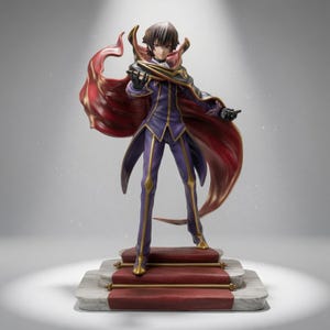 May include: A detailed anime-style figurine of a character with brown hair, wearing a purple suit with gold accents and a flowing red and black cape. The figure stands on a two-tiered base featuring a red carpet texture and gold-colored railings.
