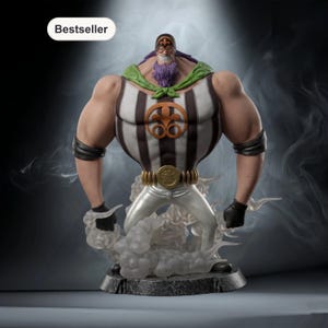 May include: A detailed figurine of a muscular character with a striped shirt, white pants, and a gold belt. The figure has a purple beard, green scarf, and black gloves. The base is gray, and the figure is surrounded by a smoky effect. The word "Bestseller" is in a white oval.