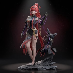 May include: A detailed anime-style figurine featuring a character with long red hair in a black high-slit dress, holding purple strings connected to a small, dark, horned puppet creature. The figure stands on a textured gray rock base.
