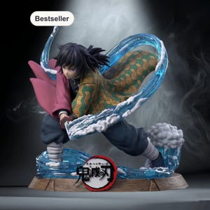 May include: A detailed figurine of a character from the anime series, Demon Slayer. The figure is posed dynamically with flowing water effects in shades of blue. The character wears a pink coat and patterned kimono. The base is wooden, and the figure has the text "Bestseller".