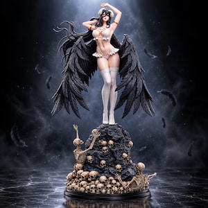 May include: A detailed anime-style figurine of a character with long black hair, large black feathered wings, and white lingerie, standing atop a dark rocky base covered in numerous human skulls and two partial skeletal remains.