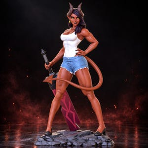 Op de afbeelding: Een staand beeldje van een tiefling-personage met een gebruinde huid, donker haar, hoorns en een staart. Het figuur draagt een wit hemdje, een blauwe spijkerbroek en donkere schoenen. In één hand wordt een groot, donker zwaard met rode geometrische patronen vastgehouden.